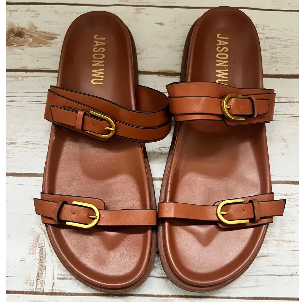 Jason Wu Slide Sandals Cognac Brown Double Buckle Strap 9.5